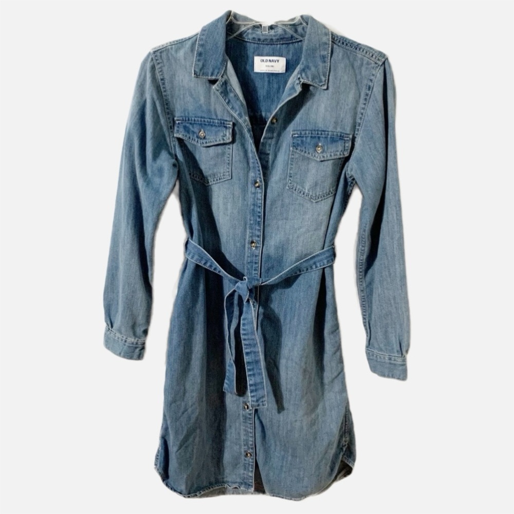 Old Navy Denim Jean Button Front Shirt Dress MediumWash Point Collar Long Sleeve